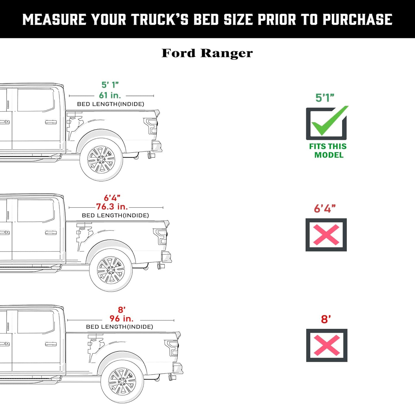 Ford Ranger (2019-2025) - Hard Trifold Truck Bed Tonneau Cover - 5' 1" Bed (61")
